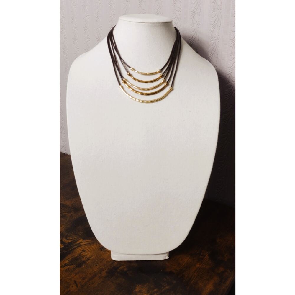 Chicos Modern Black Leather Cord Gold Tone Layered choker Necklace